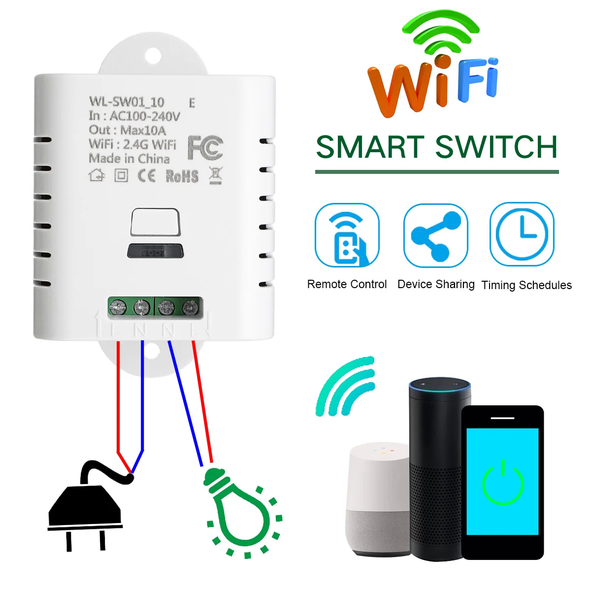 

High Power 2.4G 110V-240V 10A Wifi Water Smart Switch Home Gadgets Wireless Relay Receiver APP Control Fit For EWelink