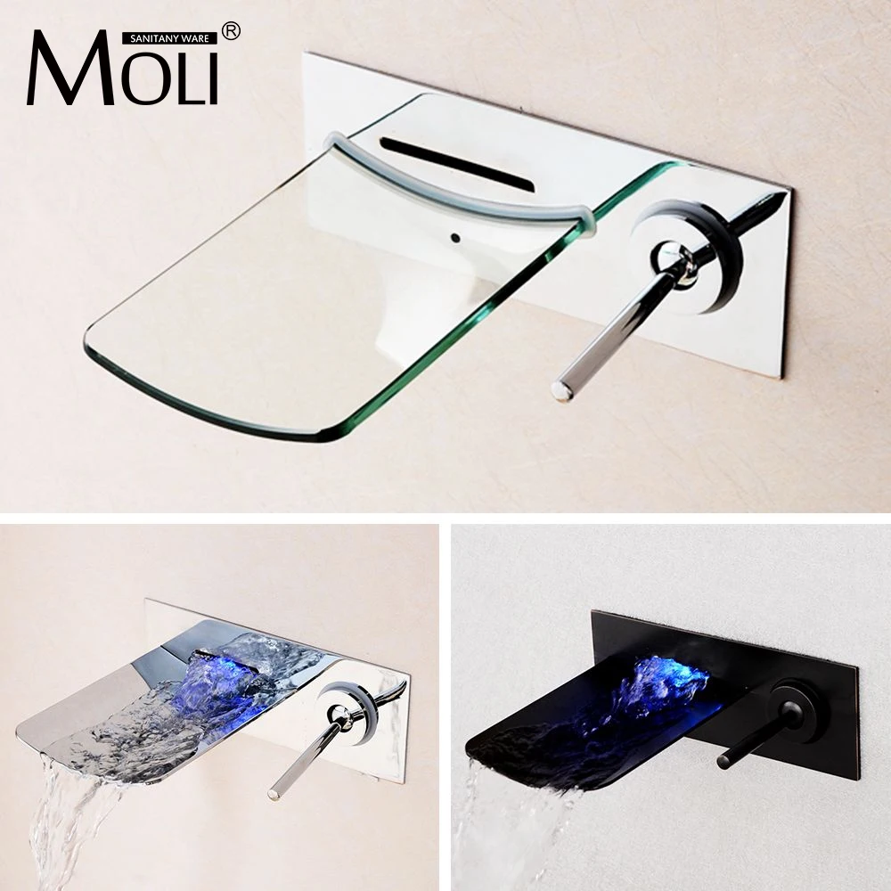 

MOLI Wall Mounted Chrome Finish Bathroom Faucet Glass Spout Waterfall Basin Faucets Single Handle Sink Tap ML1010