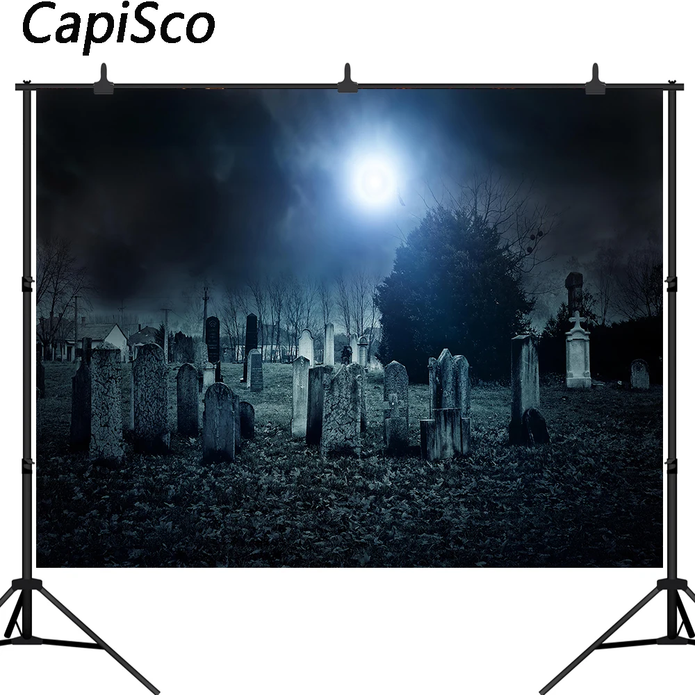 

Capisco Creepy Cemetery Background Moonlight Scary Gravestone Halloween Party Photography Backdrops Photo Studio Props