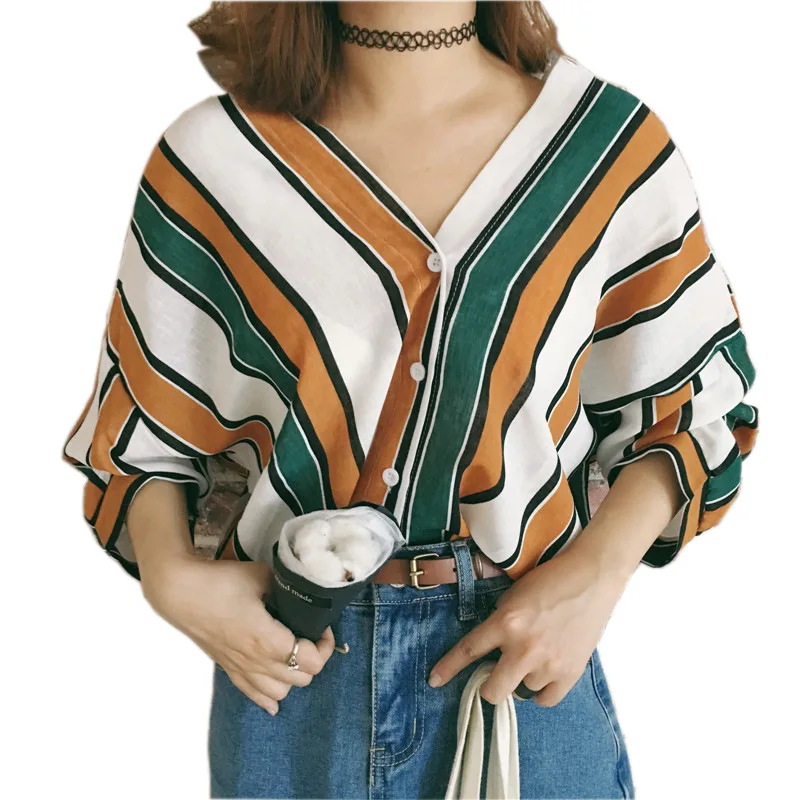 2018 summer fashion women loose shirts casual V neck stripes print bat sleeves blouses 3/4 sleeved tops
2018 summer fashion women loose shirts casual V neck stripes print bat sleeves blouses 3/4 sleeved tops