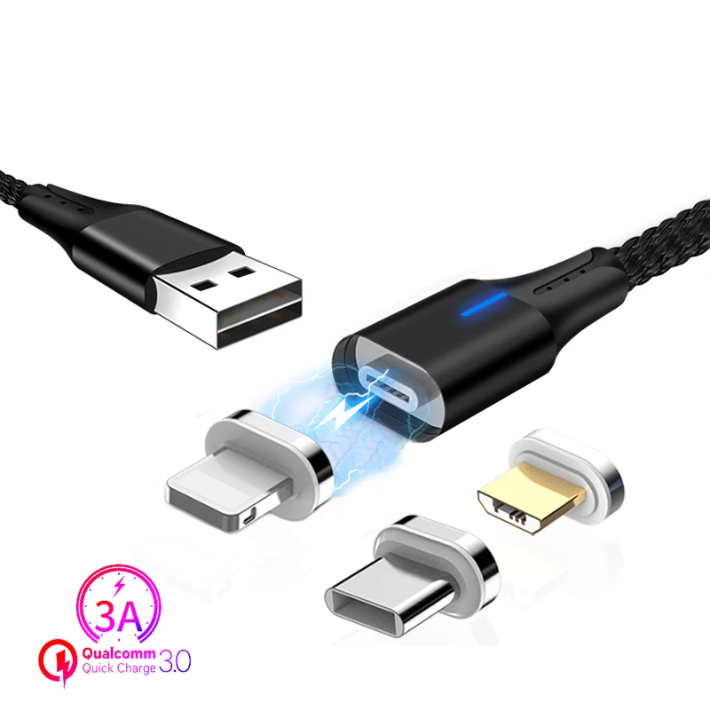 

3A Magnetic Cable LED Micro USB Type C QC3.0 Fast Charging Data Cable For iPhone XS MAX XR 8 Plus SAMSUNG S10+S9 XIAOMI Mi9 Mi8