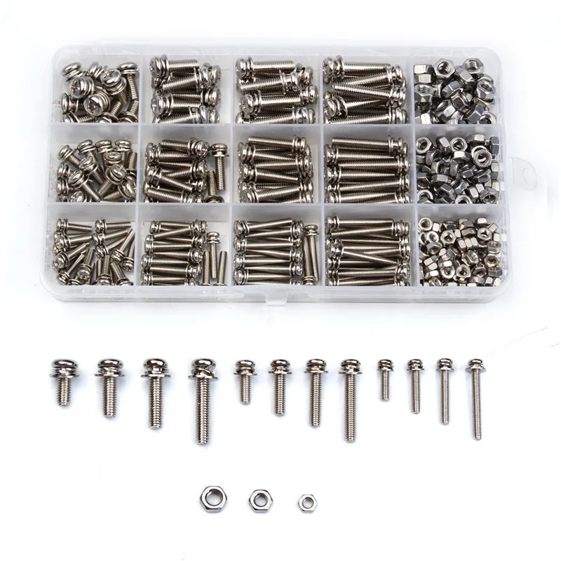 360PCS M3/M4/M5 Stainless Steel Micro Thread Round Head Screw Nut Bolt Cross Round Flat Washer Spring Kit
360PCS M3/M4/M5 Stainless Steel Micro Thread Round Head Screw Nut Bolt Cross Round Flat Washer Spring Kit