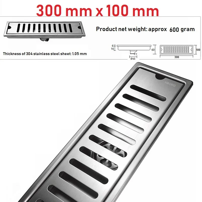 VIBORG 300mm x 100mm Deluxe 304 Stainless Steel Extra-thick Rectangular Bathroom Shower Linear Floor Drain Drainage Stainer
VIBORG 300mm x 100mm Deluxe 304 Stainless Steel Extra-thick Rectangular Bathroom Shower Linear Floor Drain Drainage Stainer