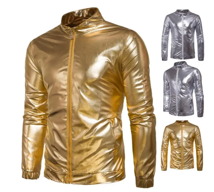 Glossy leather jacket men motorcycle coat slim jackets clothes personalized jaqueta couro stage street fashion gold silver | Мужская