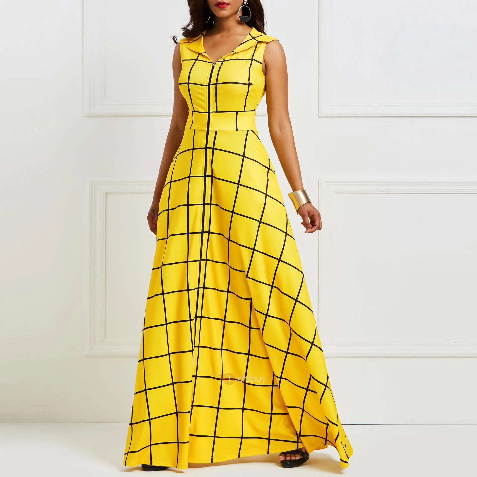 DEAT 2019 Summer Sleeveless Turn Down Collar Zipper High Waist Yellow Plaid Long Dress Maxi Evening Gowns Women ME841
DEAT 2019 Summer Sleeveless Turn Down Collar Zipper High Waist Yellow Plaid Long Dress Maxi Evening Gowns Women ME841