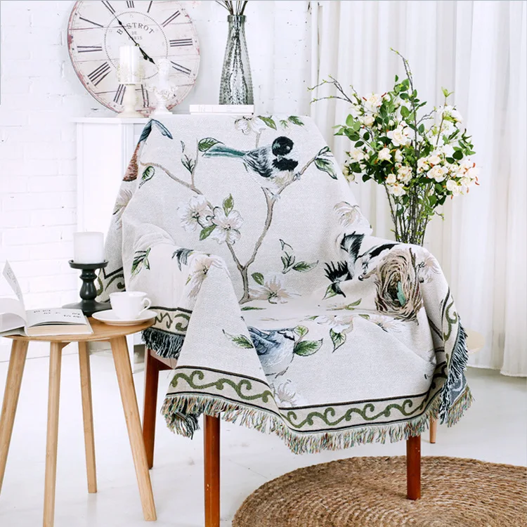 

American Village Magpie Flowers and Birds High - Grade Cotton Knitted Fabric Sofa Blanket Sofa Covered Towel Decorative Blanket