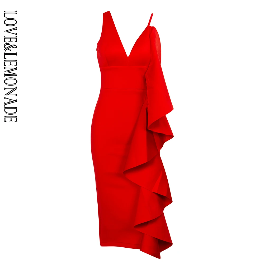 LOVE&LEMONADE Sexy Red V-Neck Unilateral Ruffle Trim Bodycon Sling Party Dress LM90001
LOVE&LEMONADE Sexy Red V-Neck Unilateral Ruffle Trim Bodycon Sling Party Dress LM90001