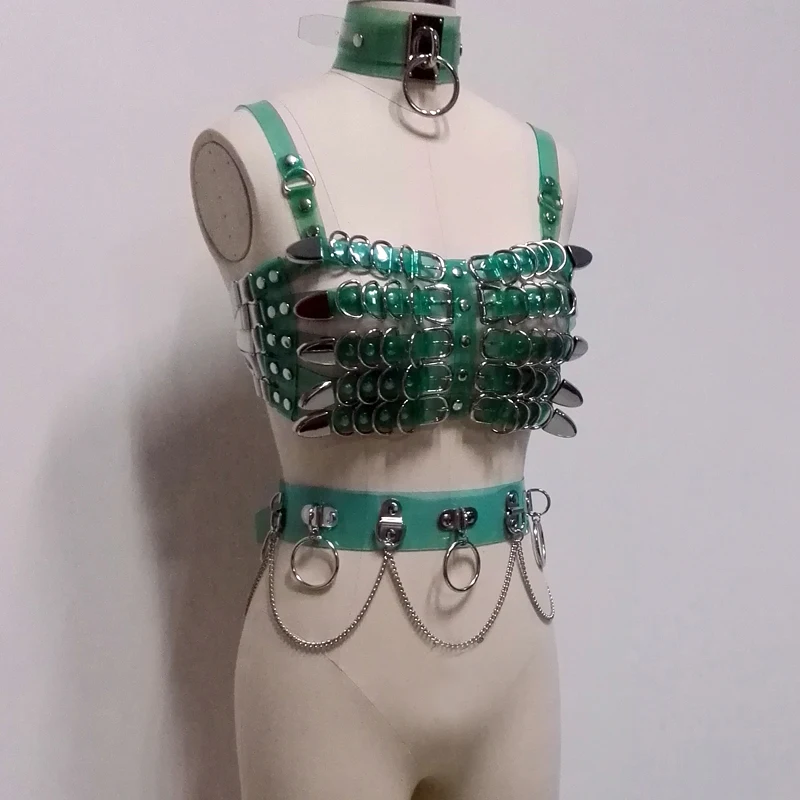 

100% Handmade Sexy 5 Row Caged Bra Top Heavy Duty Metal Chest Bra Oversized Choker Waist Belt with Chain Link