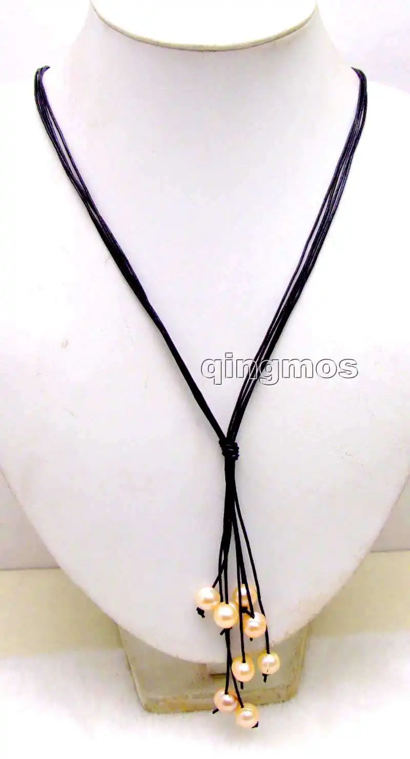 Big 10-11mm Pink Potato Natural Freshwater Pearl & Black Leather 4 strands 32" Long Necklace-nec6148 Wholesale/retail Free ship |