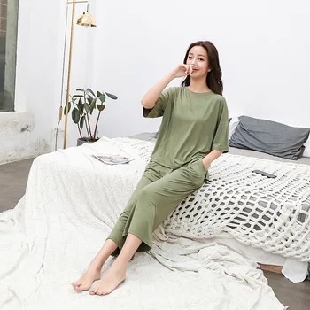 Lady Two Piece Pajama Set Loose Plus Size Girl Green Sleepwear 2 Piece Set Women Modal Homewear Short Sleeve Wide Leg Pants Set
Lady Two Piece Pajama Set Loose Plus Size Girl Green Sleepwear 2 Piece Set Women Modal Homewear Short Sleeve Wide Leg Pants Set