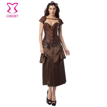 Women Brown Overbust Steampunk Corset Dress Corselet Jacket Leather Belt Skirt Set Sexy Gothic Clothing Halloween Corset Dresses
Women Brown Overbust Steampunk Corset Dress Corselet Jacket Leather Belt Skirt Set Sexy Gothic Clothing Halloween Corset Dresses