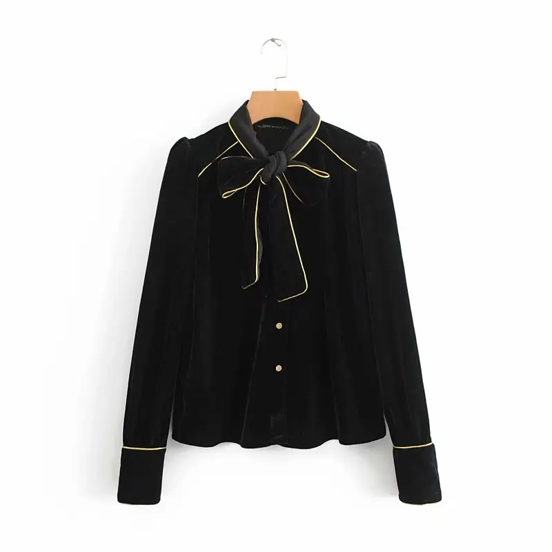 women vintage lanter sleeve contrast edge line velvet blouse shirt women casual slim chic blusas bow tied femininas tops LS2764
women vintage lanter sleeve contrast edge line velvet blouse shirt women casual slim chic blusas bow tied femininas tops LS2764