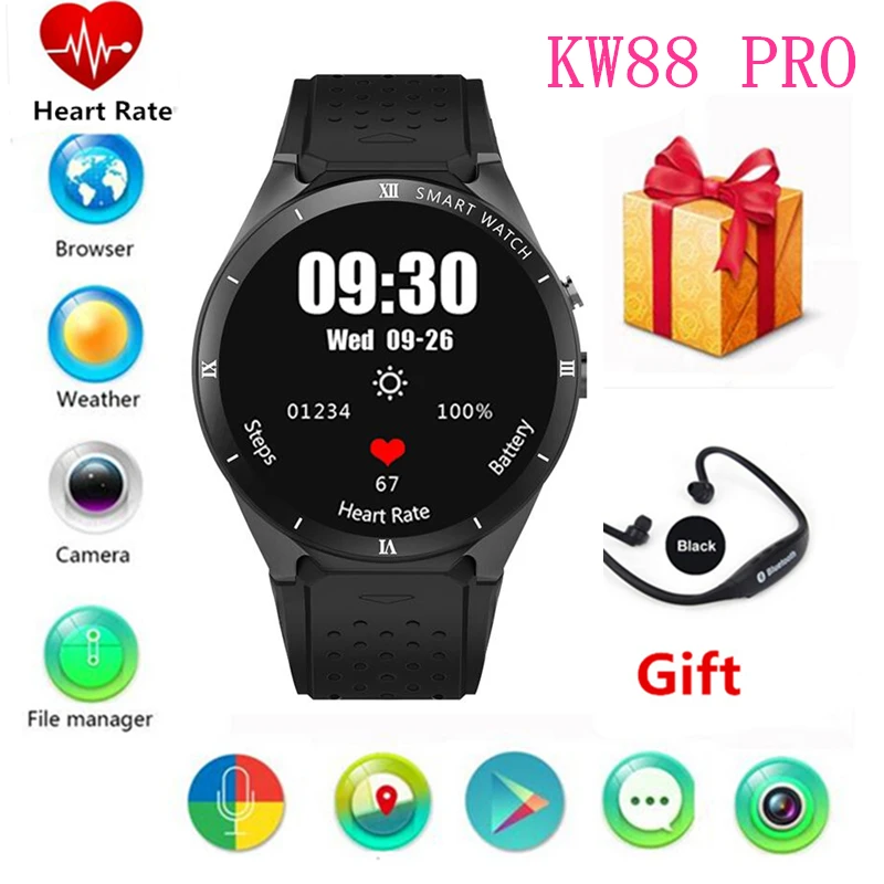 

KingWear KW88 Pro Android 7.0 Smart Watch Phone MTK6580 quad core ROM 16GB + RAM 1GB 1.39 inch 400*400 Screen with 2.0MP camera