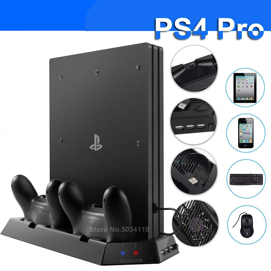 PS4 Pro LED Cooling Stand with Cooler Fans Controller Charger Charging Dock for Sony Playstation 4 Pro Console Games Accessories
PS4 Pro LED Cooling Stand with Cooler Fans Controller Charger Charging Dock for Sony Playstation 4 Pro Console Games Accessories