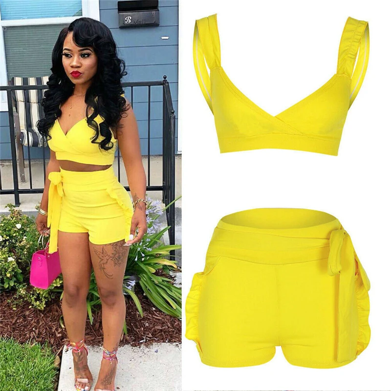 Women 2 Piece Set Yellow Casual Summer Sleeveless Crop Top Ruffled Solid Short Neon 2019 Fashion Sexy Beach Party Club Clothes
Women 2 Piece Set Yellow Casual Summer Sleeveless Crop Top Ruffled Solid Short Neon 2019 Fashion Sexy Beach Party Club Clothes