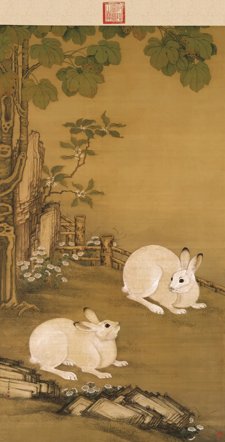 

Scenery paintings traditional Chinese style mural prints art two rabbits under a tree Qing Dynasty masterpiece reproduction