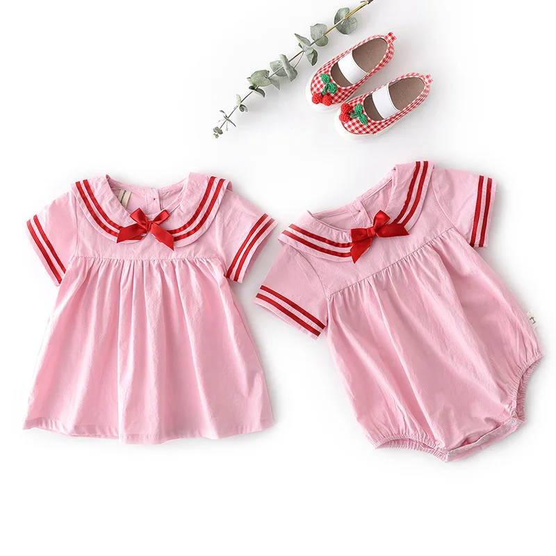 

2019 Summer Newborn Baby Girls Rompers Bowknots Preppy Style Cotton Toddlers Kids Princess Dress Infants Clothes Sisters Outfits