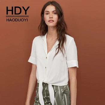 

HDY Haoduoyi Linen-blend Blouse V-neck Small Flip Collar Hem Ties Single-breasted Short Sleeve Simple Sweet Ladies Short Shirt