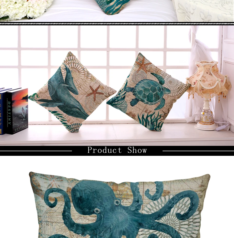 Miracille Sea Turtle Printed Cotton Linen Cushion Cover Marine Ocean Sea Horse Home Decor Pillowcase Octopus Sofa Cushion Case 13