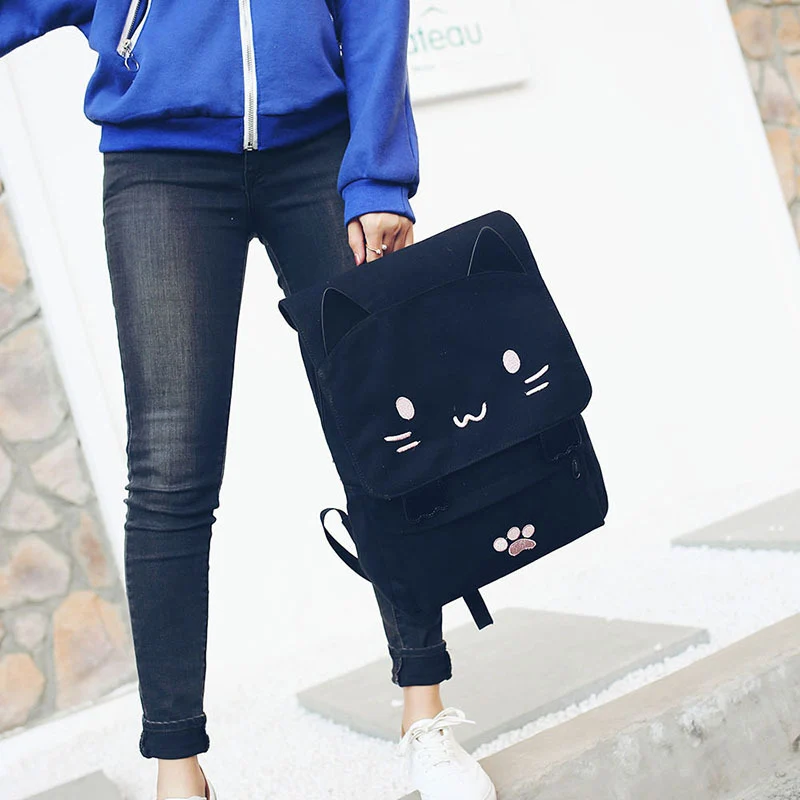 Women Cute Cat Backpack Canvas Girl School Backpacks Kawaii Cartoon Large Capacity Student Rucksack Lovely Casual Mochila BP0200 (9)