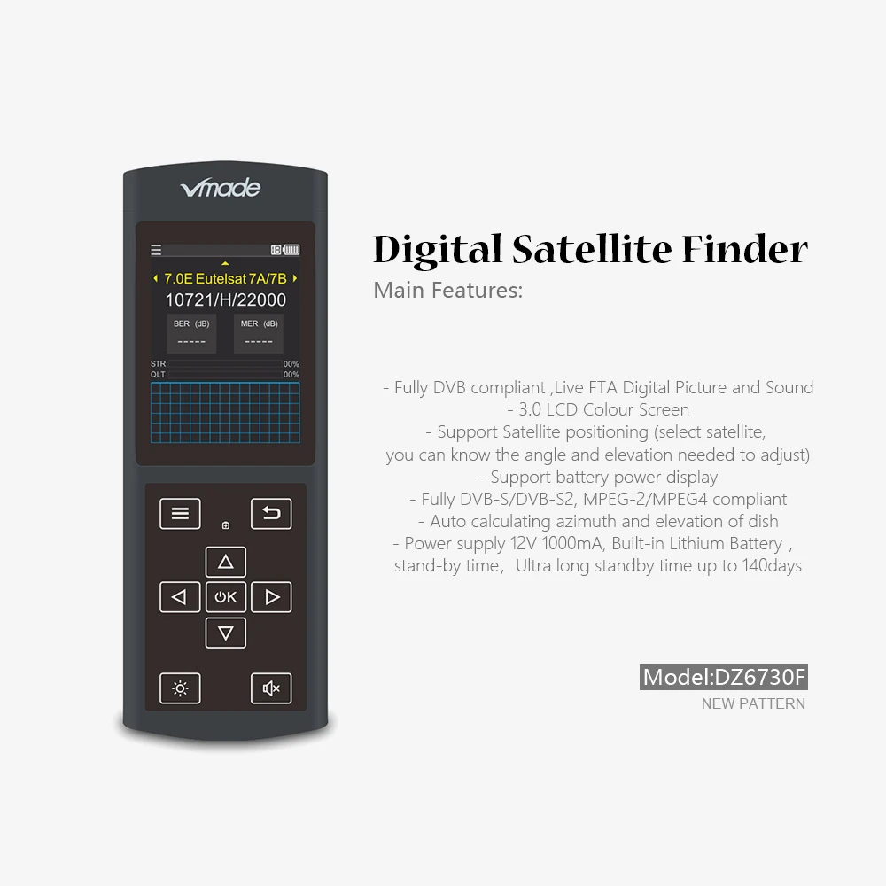 DVB-S/S2 DZ6730 Finder HD Satellite Finder with High Definition 3.0 Inch LCD Display MPEG-4 Satellite Meter Satfinder PK V8 Find
DVB-S/S2 DZ6730 Finder HD Satellite Finder with High Definition 3.0 Inch LCD Display MPEG-4 Satellite Meter Satfinder PK V8 Find