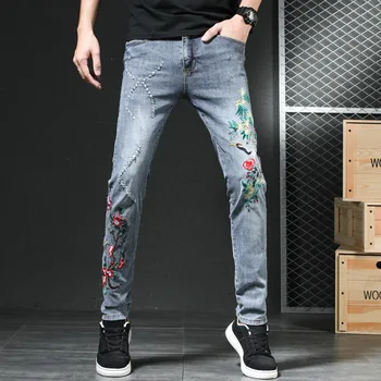 Men Jeans Stretch Skinny Bleached Bird Floral Embroidery Ripped Denim Hole Male Cowboy Slim Trousers Washed Tide
Men Jeans Stretch Skinny Bleached Bird Floral Embroidery Ripped Denim Hole Male Cowboy Slim Trousers Washed Tide