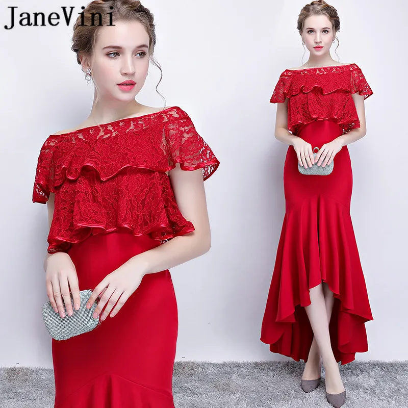 JaneVini Sexy Red Mermaid Bridesmaid Dresses Long Lace Prom Dress 2018 High Low Short Sleeve Boat Neck Women Wedding Party Wear
JaneVini Sexy Red Mermaid Bridesmaid Dresses Long Lace Prom Dress 2018 High Low Short Sleeve Boat Neck Women Wedding Party Wear