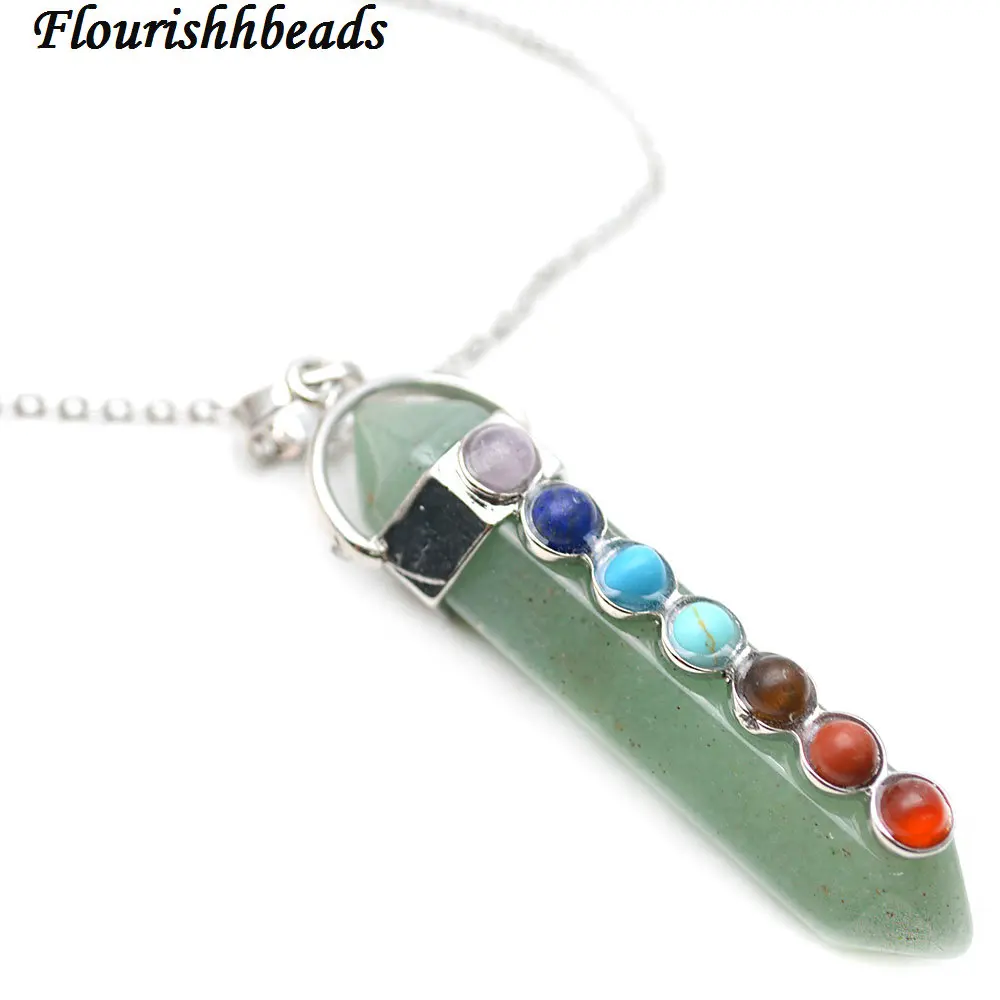 

Natural Green Aventurine Jade Stone Pillar Point with 7 Small Stone Cabochons Paved Chakra Pendant Chains Necklace