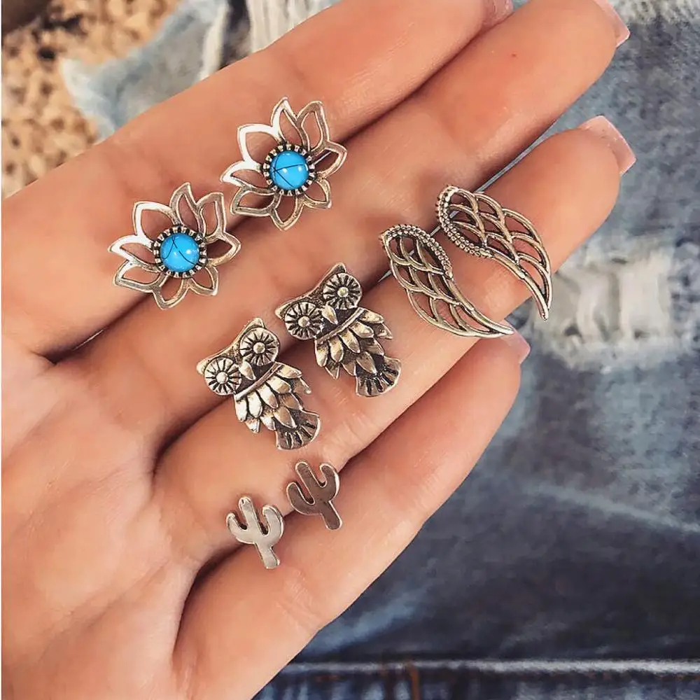 New 4 Pairs/Set Owl Wings Lotus Cactus Stud Earring Set for Women Jewelry Antique Silver Metal Blue Turquoises Stud Earrings Set
New 4 Pairs/Set Owl Wings Lotus Cactus Stud Earring Set for Women Jewelry Antique Silver Metal Blue Turquoises Stud Earrings Set