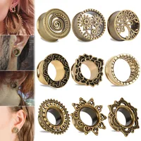 1Pair Vintage Antique Brass Ear Flesh Tunnel Shellhard Hollow Flower Double Flare Ear Plug Gauge Piercing Body Jewelry image