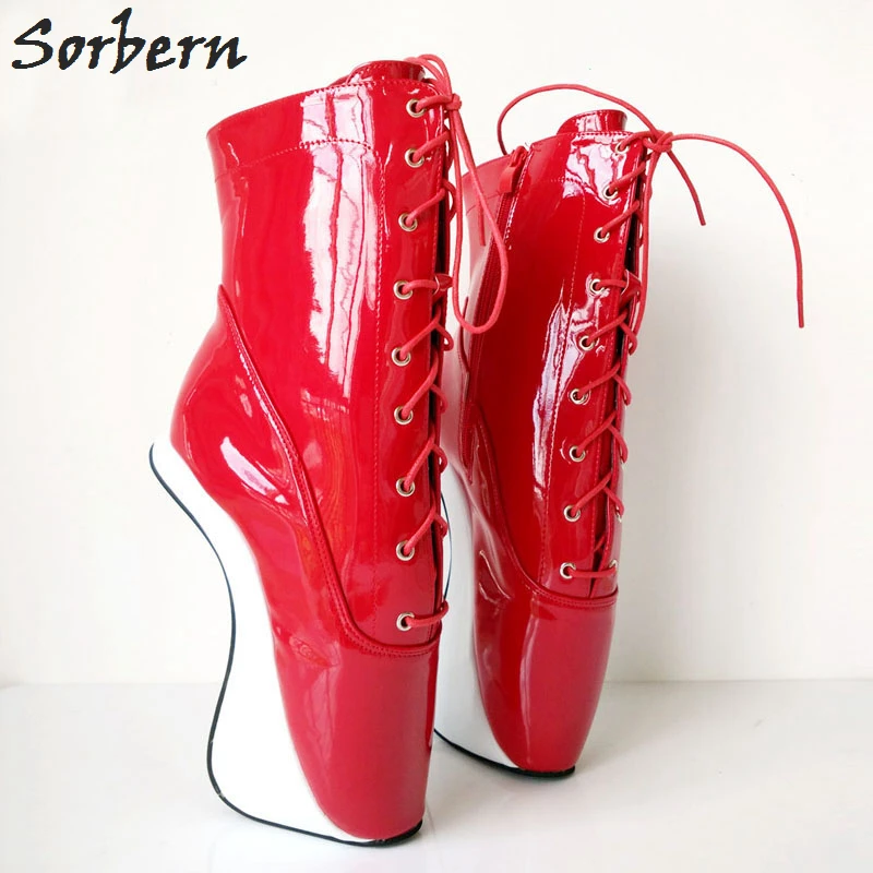 Sorbern Black And Red Ballet Wedge Heelless Boots Ankle High Wide Fit Shoes Ladies Club Women Shoe Pole Dance Ballet Heels Boots