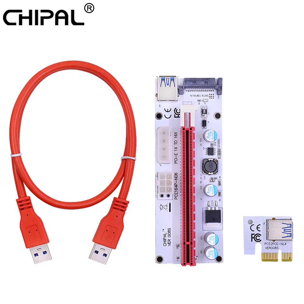 

CHIPAL 60CM VER008S PCI-E Riser Card 008 PCI Express PCIe 1X to 16X Adapter 4Pin 6Pin SATA Molex Power for Bitcoin Miner Mining