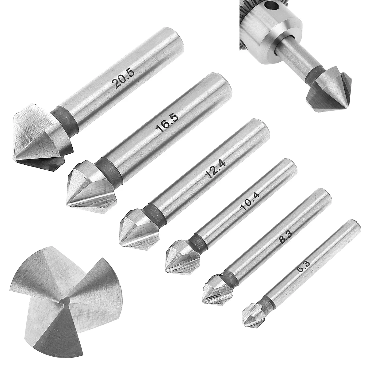 Round shank 6pcs/Set 3 Flute HSS Hard Metals natural color Three Edge Chamfer Chamfering End Mill Cutter Countersink Drill Bit
Round shank 6pcs/Set 3 Flute HSS Hard Metals natural color Three Edge Chamfer Chamfering End Mill Cutter Countersink Drill Bit