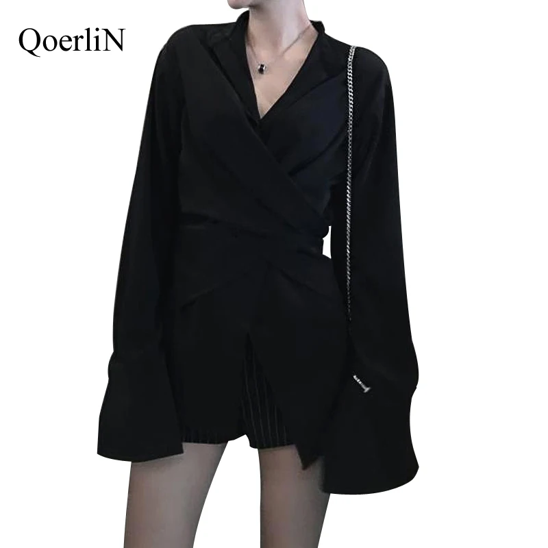Женская дизайнерская блузка QoerliN черная с длинными рукавами и отложным