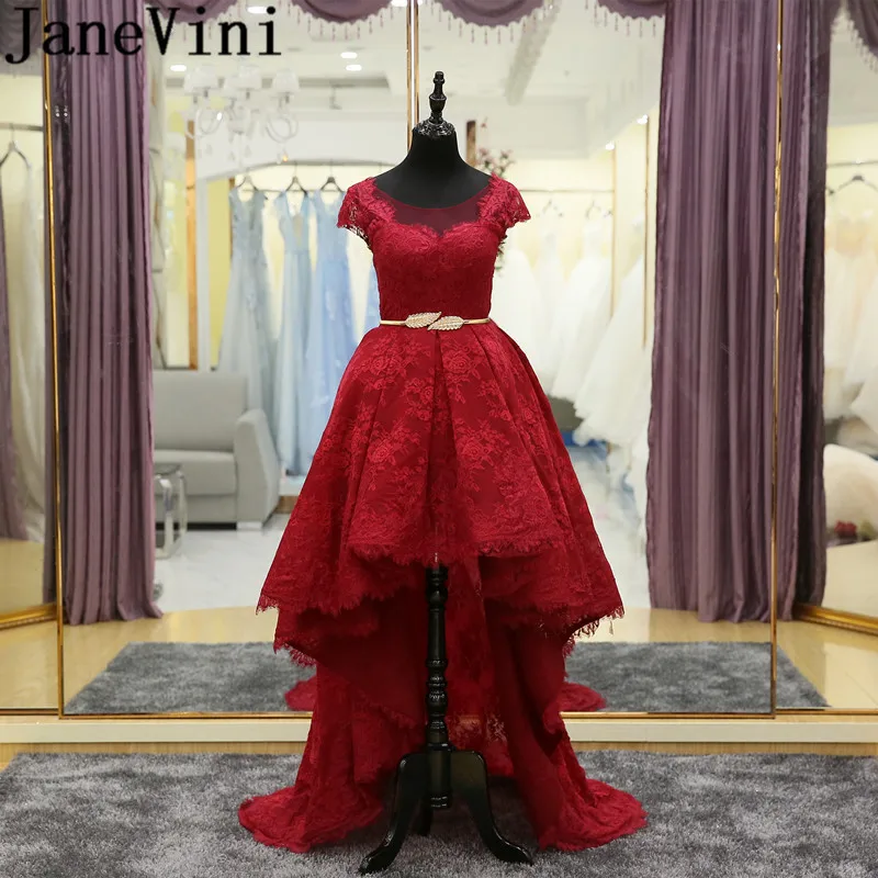 JaneVini Elegant Lace Long Burgundy Bridesmaid Dresses Scoop Neck Cap Sleeves Gold Sashes Backless High Low Formal Prom Gowns
JaneVini Elegant Lace Long Burgundy Bridesmaid Dresses Scoop Neck Cap Sleeves Gold Sashes Backless High Low Formal Prom Gowns