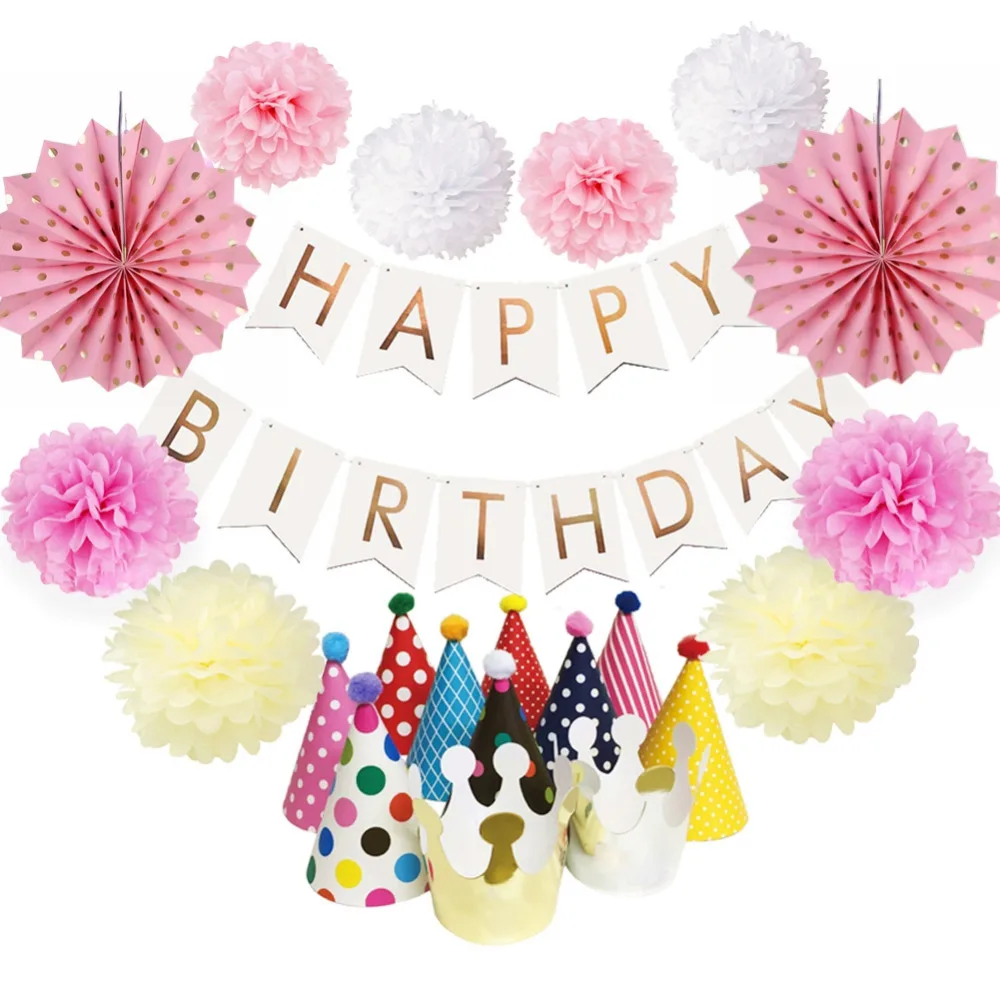 12pcs/set Paper Decorations Set (Party Hats,Happy Birthday Banner, Paper Fans,Pom Poms) for Birthday Party First Birthday Shower
12pcs/set Paper Decorations Set (Party Hats,Happy Birthday Banner, Paper Fans,Pom Poms) for Birthday Party First Birthday Shower