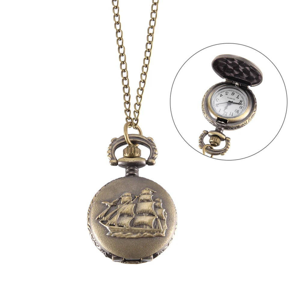 Vintage Pocket Watch Bronze Color Quartz Cool Chain Sailboat Pattern Watches LXH |