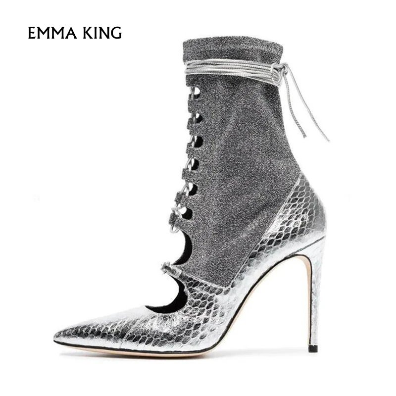New Silver Snakeskin Print Leather Ankle Boots for Woman Pointed Toe Ankle Wrap Cut-outs Riding Lace-up Buckle Party Shoes Woman
New Silver Snakeskin Print Leather Ankle Boots for Woman Pointed Toe Ankle Wrap Cut-outs Riding Lace-up Buckle Party Shoes Woman