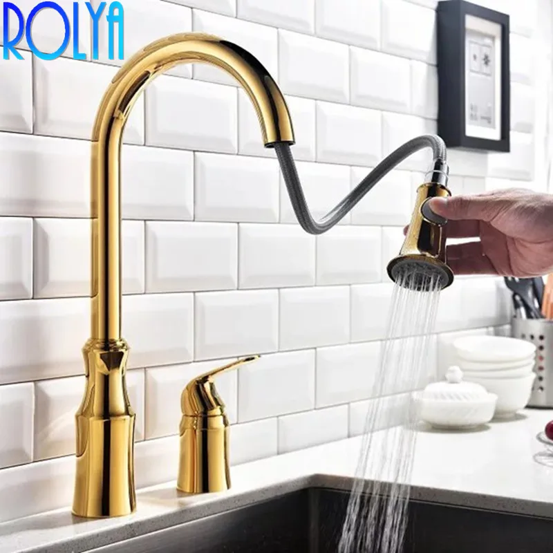 Rolya New Arrival Solid Brass Luxurious Two Holes Golden Pullout Kitchen Faucet with side control valve
Rolya New Arrival Solid Brass Luxurious Two Holes Golden Pullout Kitchen Faucet with side control valve