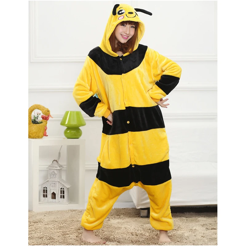 Lovely Yellow Bee Pajamas For Adult Costume Party Festival Soft Women Flannel Onesie Cartoon Jumpsuit Kigurumi Winter Sleep Suit (6)