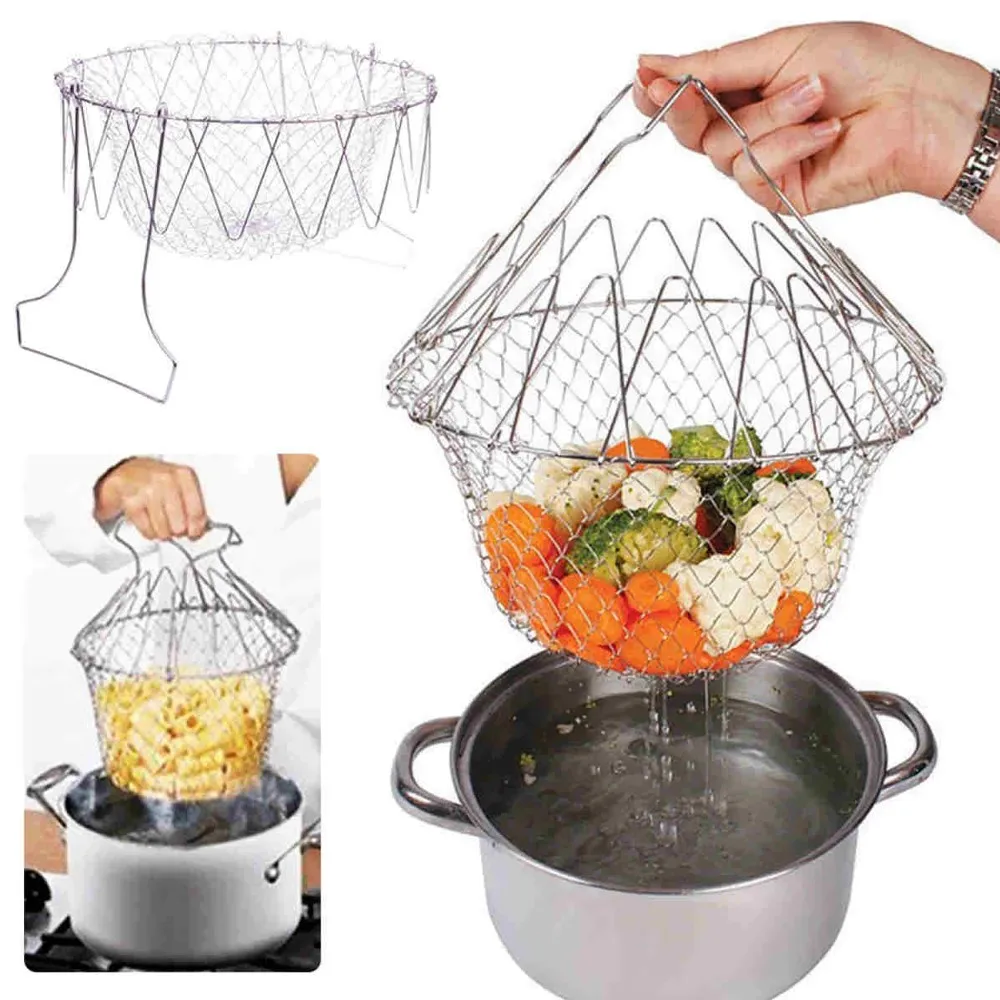 

Foldable Steam Rinse Strainer Stainless Steel Colander Magic Mesh Basket Drainer Frying French Fryer Tool Kitchen Cooking Basket