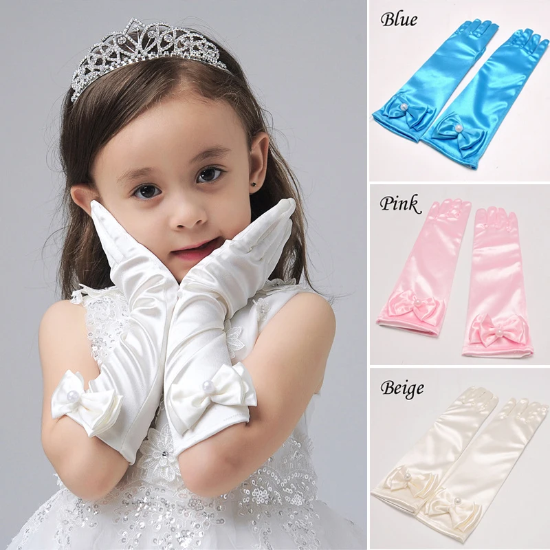 Details about   6 Pairs Elegant Pearl Bow Stretch Satin Long Finger Dress Gloves for Girls Kids