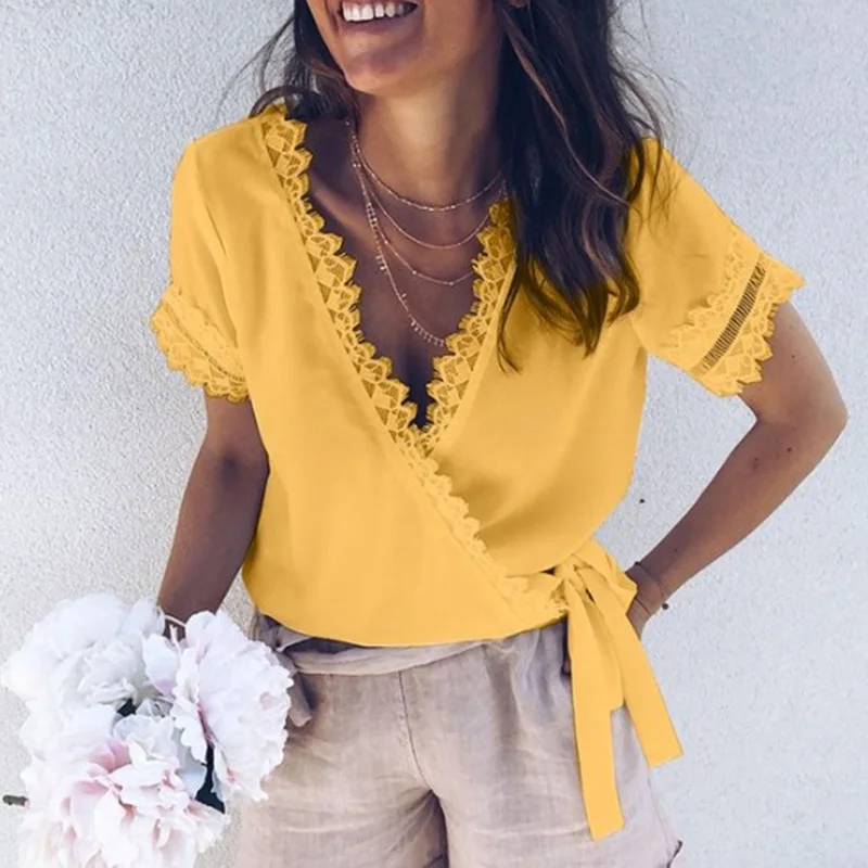 Women Summer Short Sleeve V Neck Lace Sexy Solid Top Tees Female Elegant Office Ladies Hot Sale European Style T-shirt SJ2457U
Women Summer Short Sleeve V Neck Lace Sexy Solid Top Tees Female Elegant Office Ladies Hot Sale European Style T-shirt SJ2457U