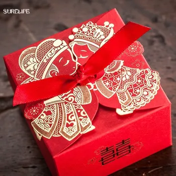 100pcs Cheap Wedding Favor Boxeswith Ribbon Red Chinese Wedding Candy Box Casamento Wedding Favors And Gifts Boxes
