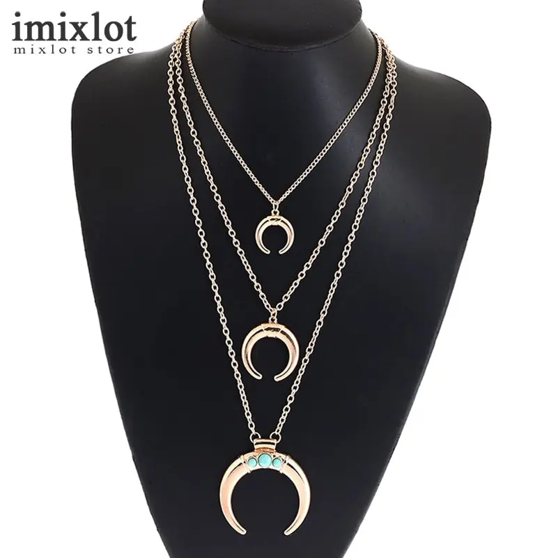 Imixlot Bohemian Style Horn Shaped Crescent Moon Necklace Pendant Triple Chain Vintage Ethnic Jewelry Boho Accessories For Women | Украшения