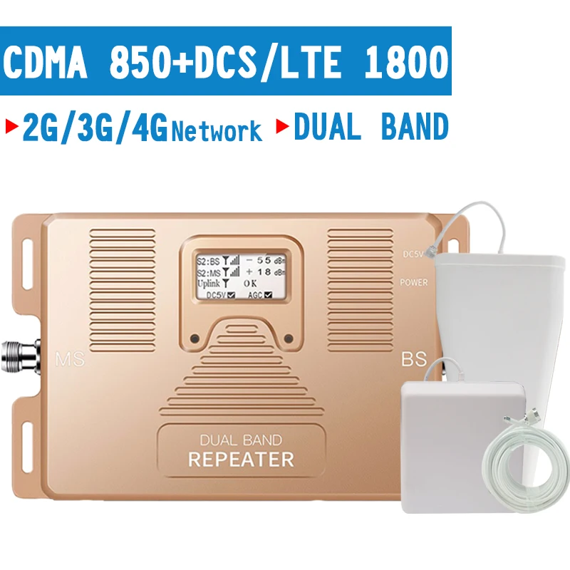 

Walokcon 3G 4G Cellular Signal Repeater CDMA 850 DCS 1800 Dual Band Mobile Phone Booster 4G LTE Amplifier 70dB Gain LCD Display