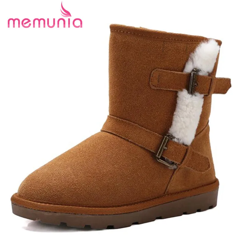 MEMUNIA High quality buckle fashion boots women flat shoes winter snow boots cowhide leather ankle boots warm mixed colors