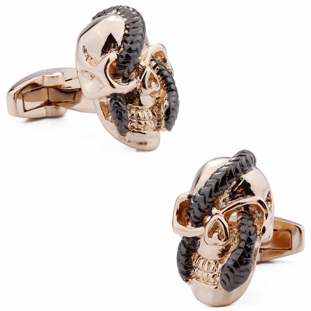 

Cool Skeleton Cufflinks for men Best Gift for Halloween Rose Gold Skull with Snake Cross Eyes