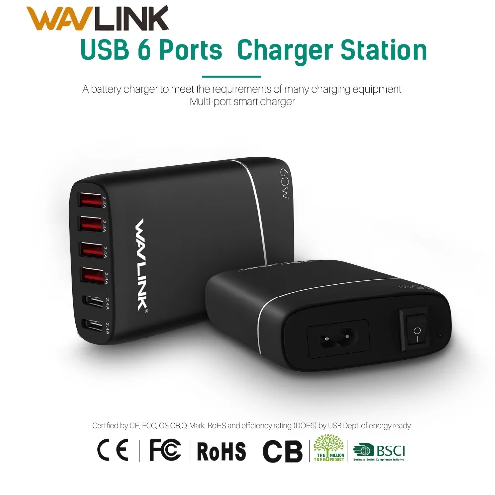 WAVLINK Type-C 6-Port 60W/ 12A Smart USB Desktop Charging Station Quick Charge USB 3.0 Travel Charger adapter for mobile phone
WAVLINK Type-C 6-Port 60W/ 12A Smart USB Desktop Charging Station Quick Charge USB 3.0 Travel Charger adapter for mobile phone