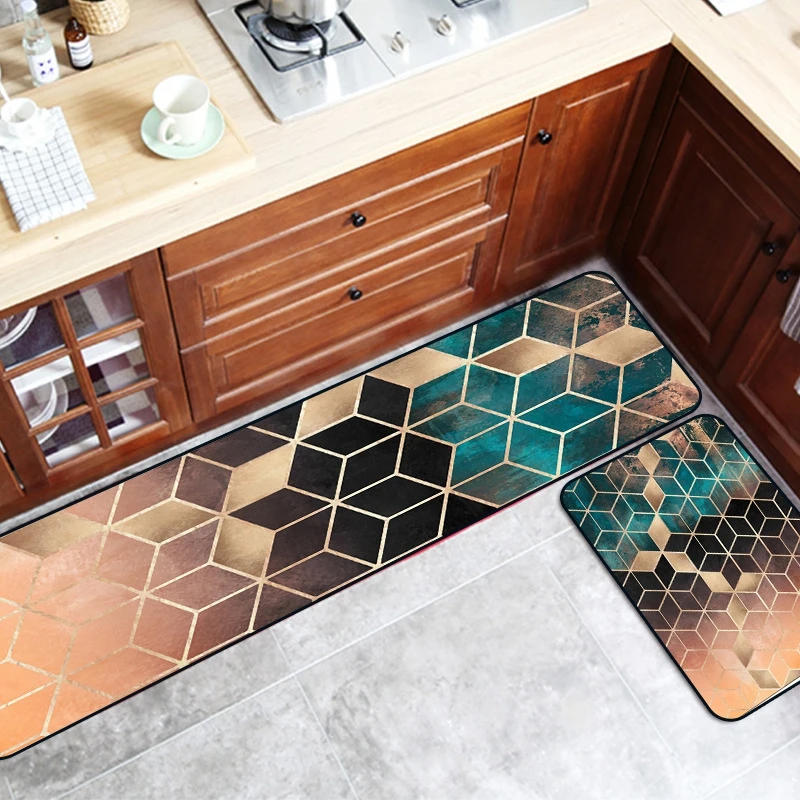 

Home Entrance Floor Mat Golden Metal Geometric Kitchen Carpets Bath Water Absorption Hallway Luxury Non-Slip Kitchen Area Rugs